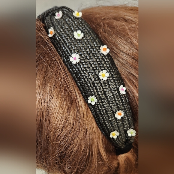 Handbeaded Black Straw Rattan Headband One of a Kind - Picture 5 of 6